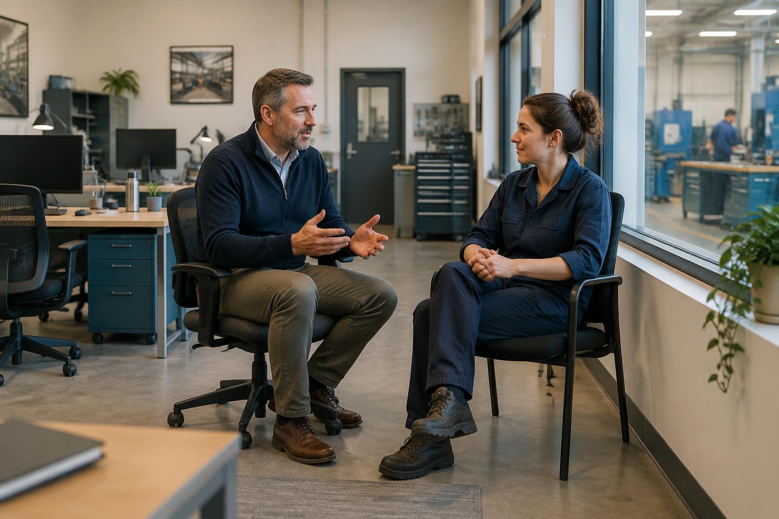 Un responsable échange calmement avec une salariée en tenue d’atelier près d’une grande fenêtre