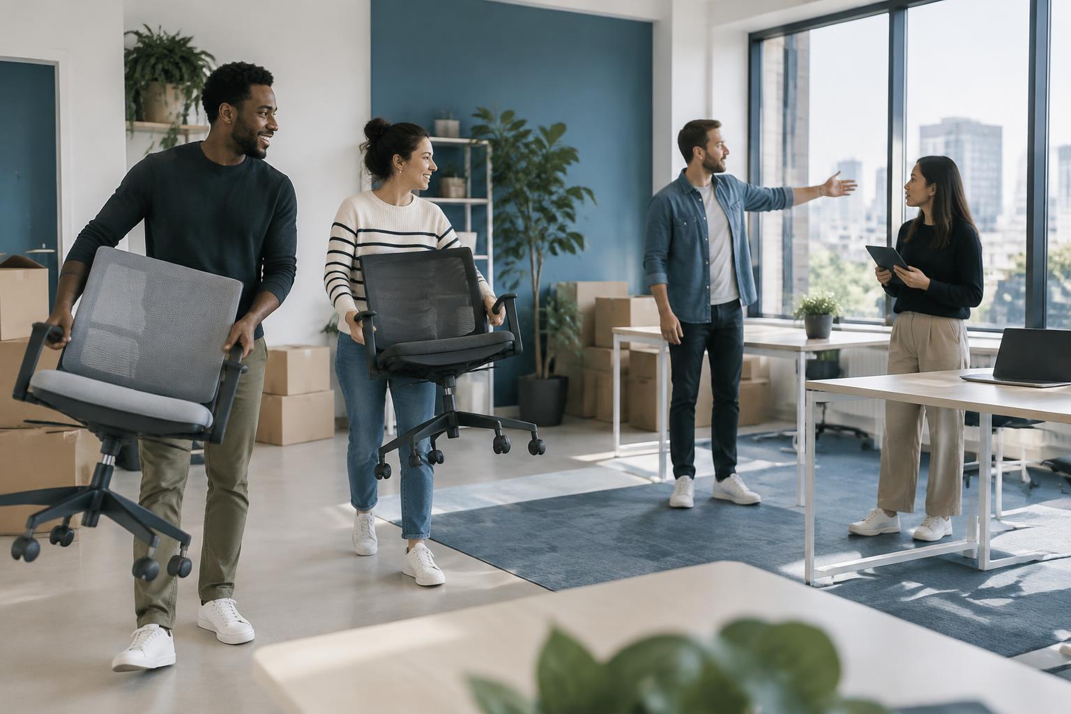 Une équipe emménage dans un nouvel espace de travail et discute de l’aménagement