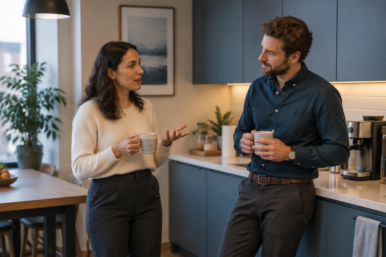 Deux collègues échangent sincèrement autour d’un café dans une cuisine de bureau