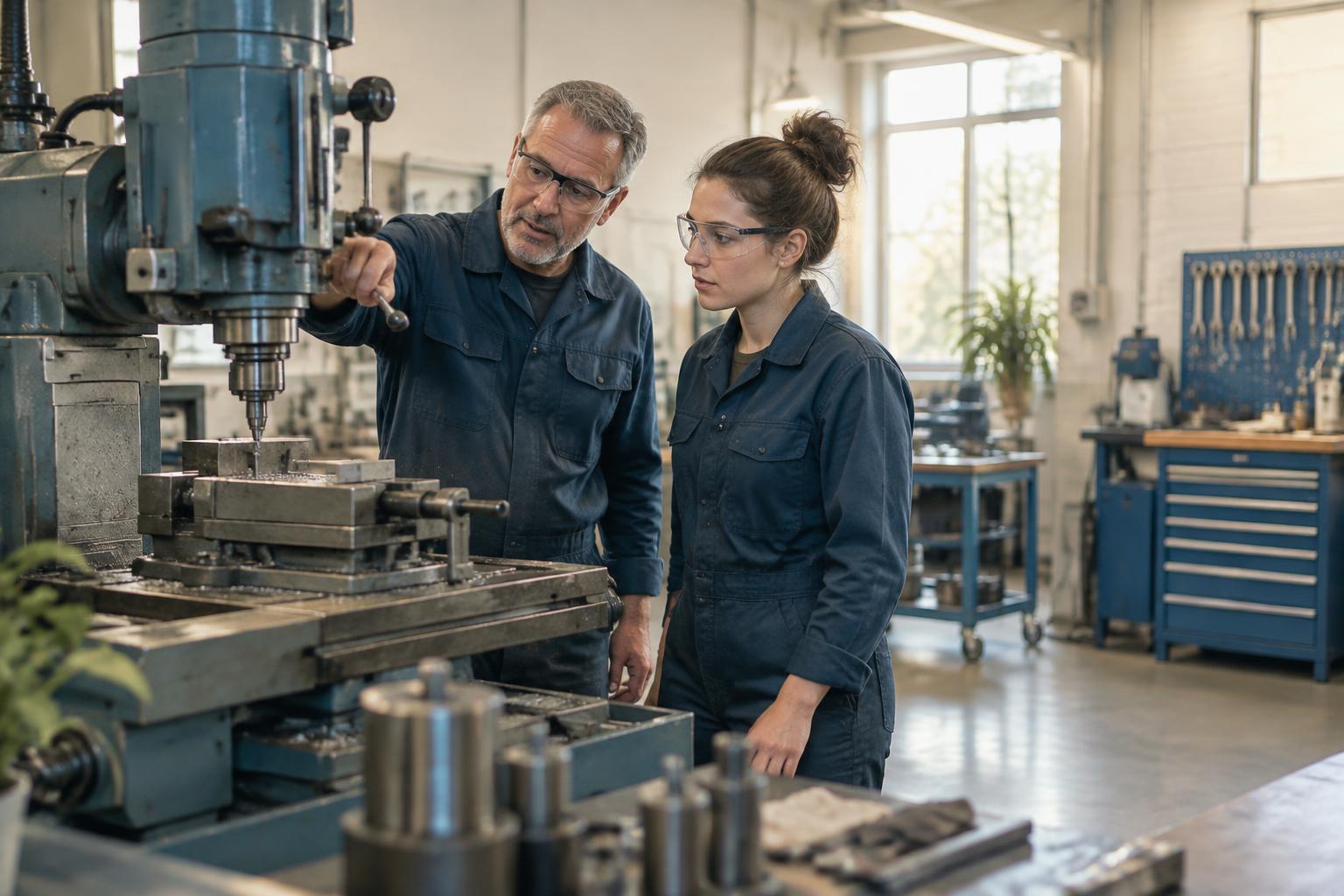 Un technicien expérimenté transmet un geste de métier à une jeune collègue dans un atelier