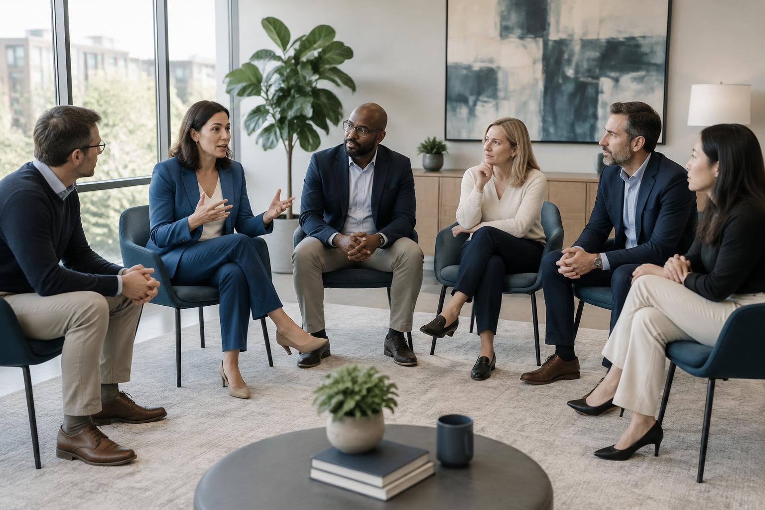 Un groupe de managers en formation, assis en demi-cercle, écoute une participante