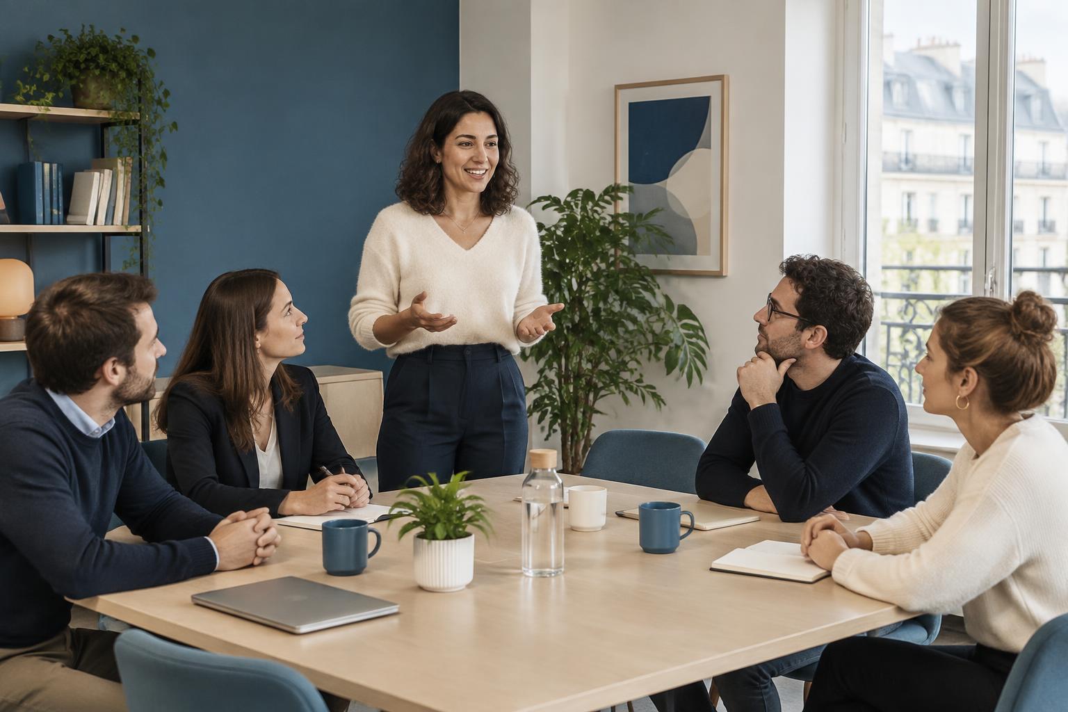 Une formatrice échange avec un petit groupe de professionnels autour d’une table
