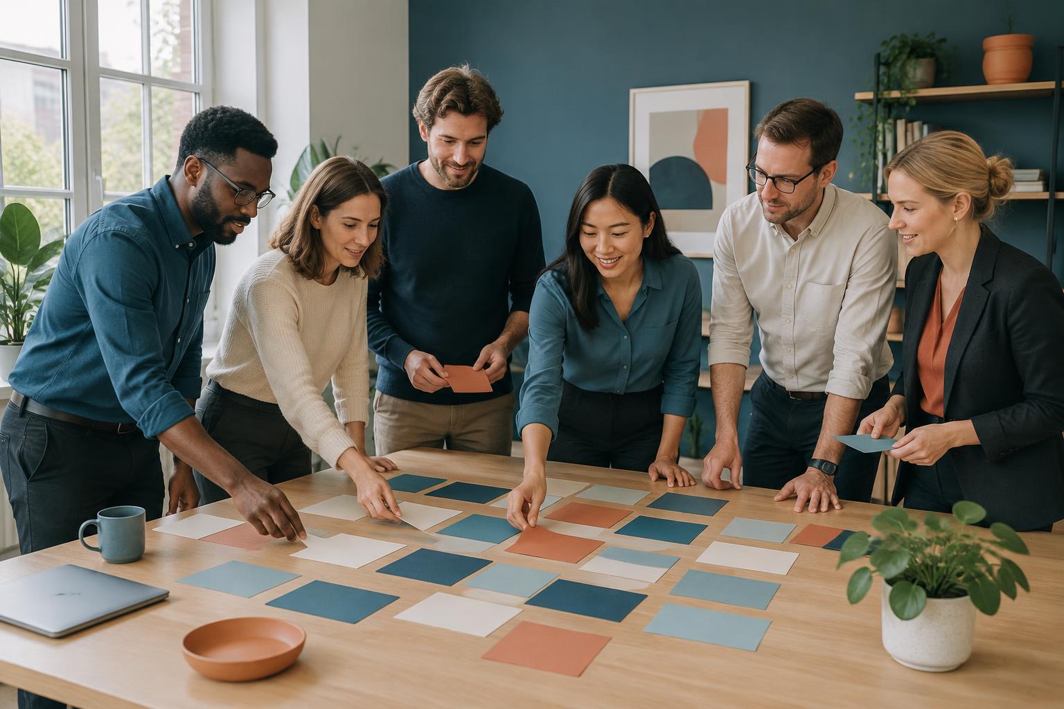 Six professionnels disposent ensemble des cartes de couleur sur une grande table